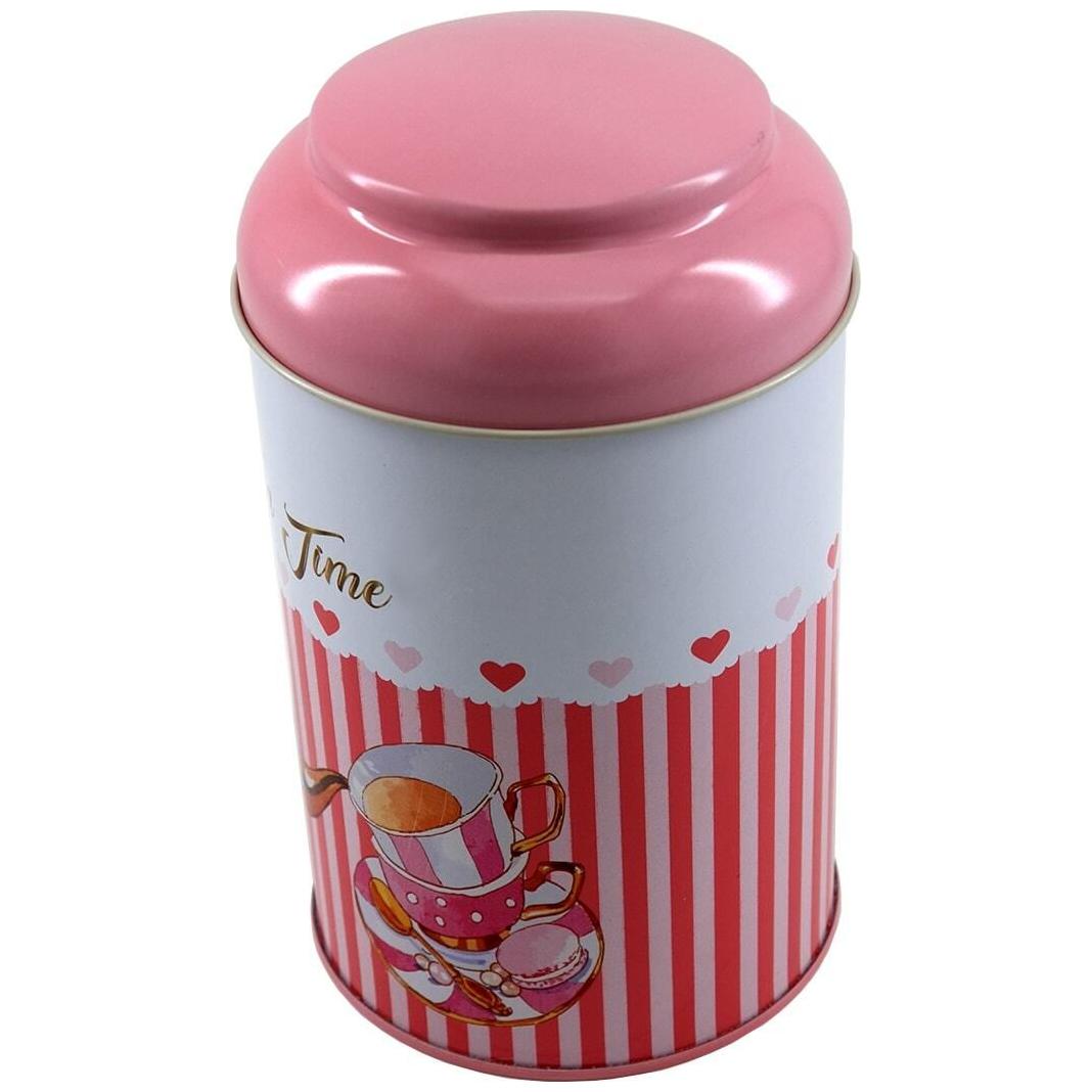 Ø105 x 150 mm Round Metal Tin – 1.2L with Dome Lid Tea Pot and cup pink line background — Round Boxes — view 2 of 4 — Tinbox