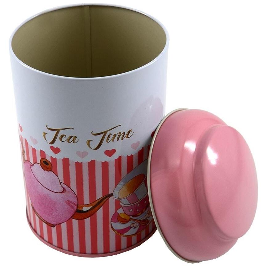 Ø105 x 150 mm Round Metal Tin – 1.2L with Dome Lid Tea Pot and cup pink line background — Round Boxes — view 3 of 4 — Tinbox