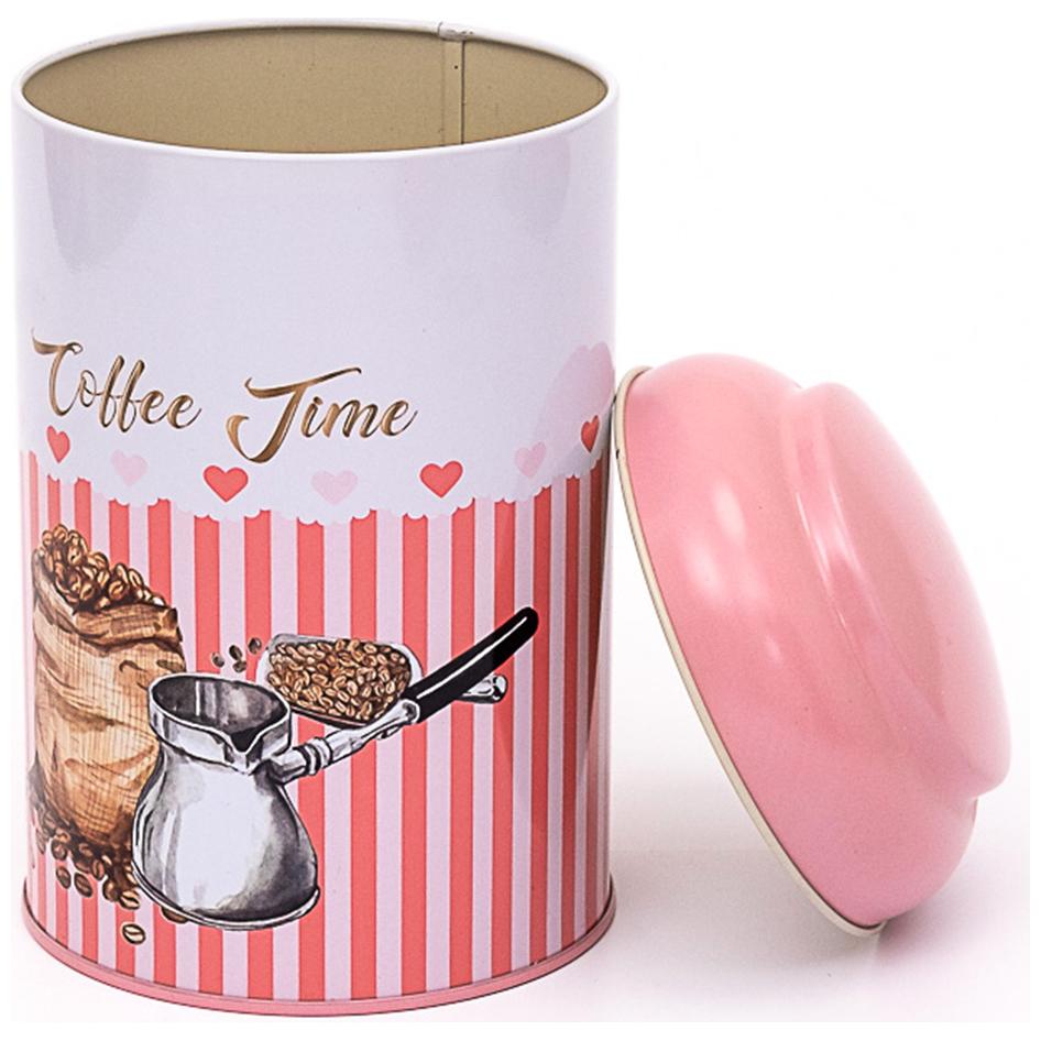 Ø105 x 150 mm Yuvarlak Metal Kutu – 1,2 L, Kubbeli Kapaklı, Pembe Çizgili Arka Planlı Kahve Çekirdeği — Yuvarlak Kutular —…