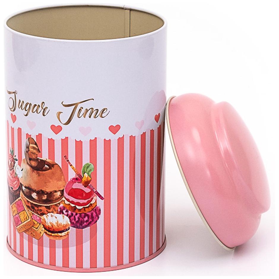 Ø105 x 150 mm Yuvarlak Metal Kutu – 1,2 L, Kubbeli Kapaklı, Şeker Zamanı, Pembe Çizgili Arka Planlı — Yuvarlak Kutular — g…