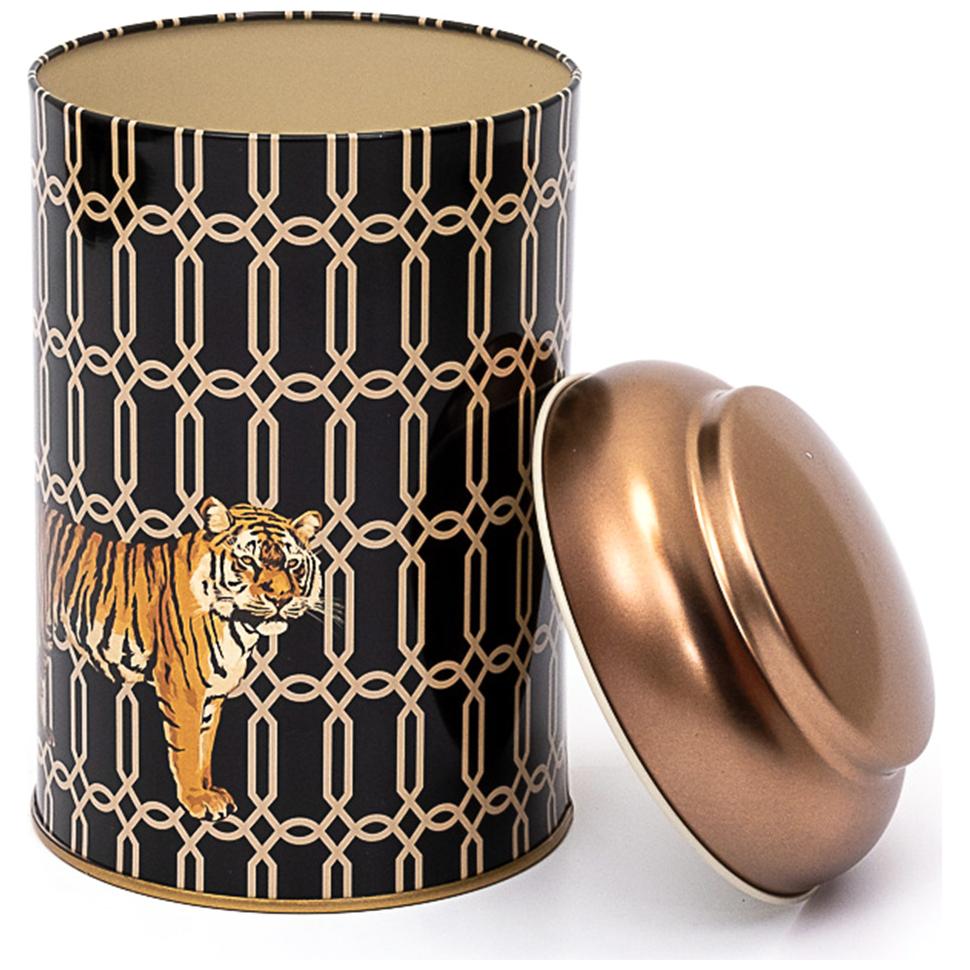 Ø105 x 150 mm Yuvarlak Metal Kutu – 1,2 L, Kubbeli Kapaklı Safari Kaplanı — Yuvarlak Kutular — Tinbox