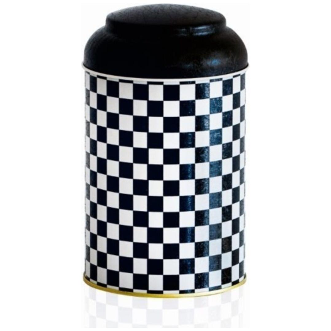 Ø105 x 150 mm Yuvarlak Metal Kutu – 1,2 L, Kubbeli Kapaklı, Kareli Desenli — Yuvarlak Kutular — Tinbox