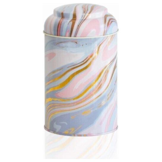 Ø105 x 150 mm Yuvarlak Metal Teneke Kutu – 1,2 L, Kubbeli Kapaklı, Pembe ve Altın Mermer Dokulu — Yuvarlak Kutular — Tinbox