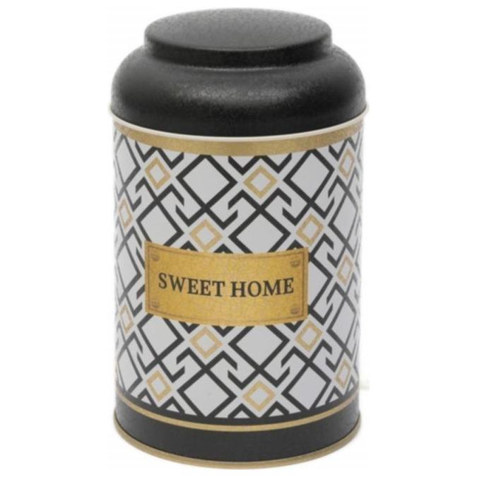 Ø105 x 150 mm Yuvarlak Metal Kutu – 1,2 L, Kubbeli Kapaklı, Dikişsiz Desen Tasarımı, Geometrik Çizgiler, Kırmızı Arka Plan…
