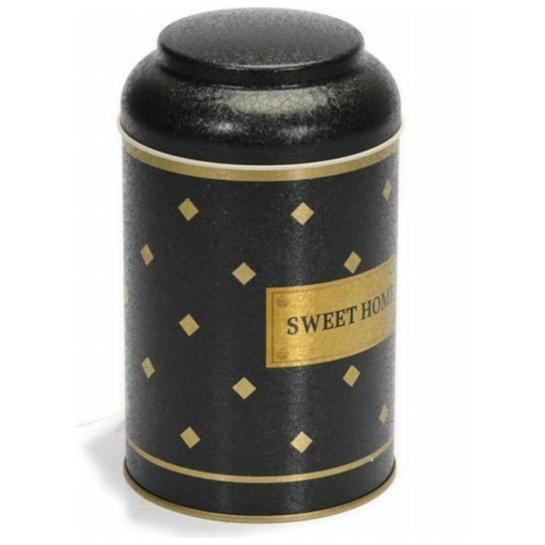 Ø105 x 150 mm Yuvarlak Metal Kutu – 1,2 L, Kubbeli Kapaklı, Altın Tatlı Ev — Yuvarlak Kutular — Tinbox