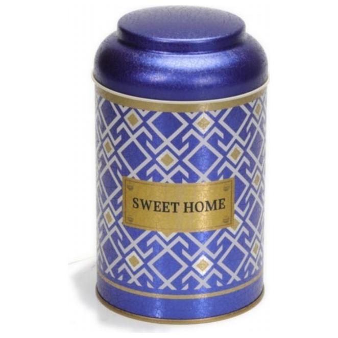 Ø105 x 150 mm Yuvarlak Metal Kutu – 1,2 L, Kubbeli Kapaklı, Dikişsiz Desen Tasarımı, Geometrik Çizgiler, Mavi Arka Plan — …