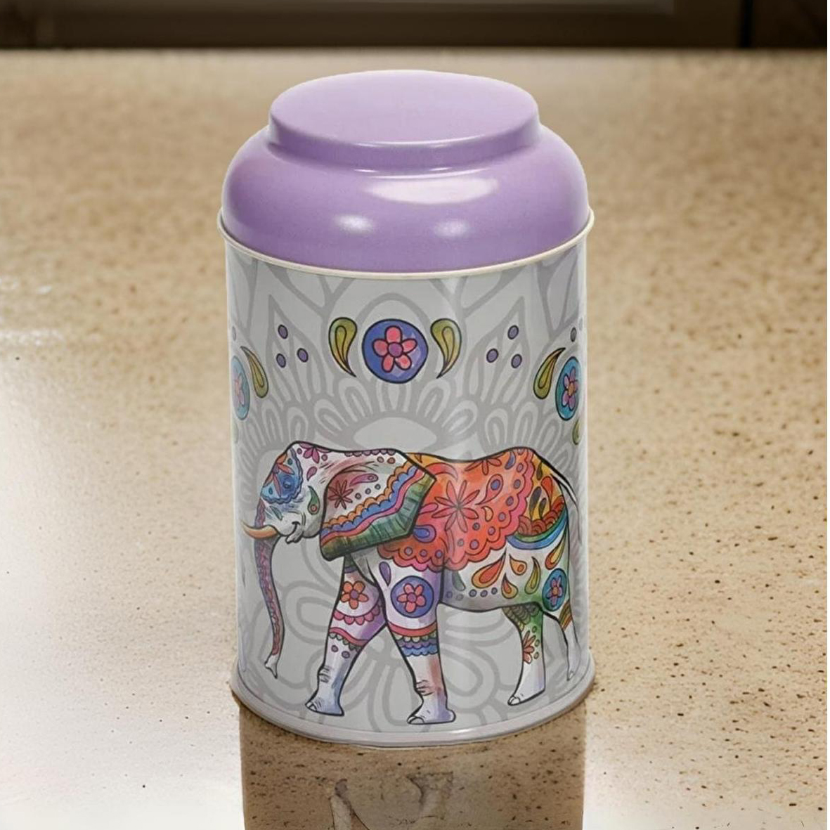Ø105 x 150 mm Yuvarlak Metal Kutu – 1,2 Litre, Kubbeli Kapaklı, Bohem Mandala Fil Desenli — Yuvarlak Kutular — görsel 6 / …