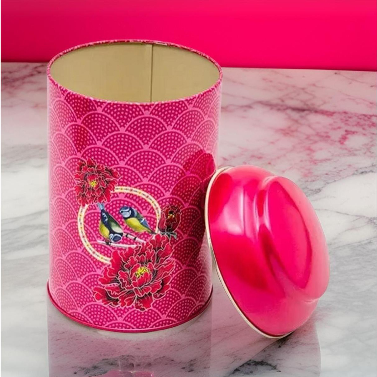 Ø105 x 150 mm Round Metal Tin – 1.2L with Dome Lid Floral Harmony with Birds on Geometric Red — Round Boxes — view 4 of 4 …