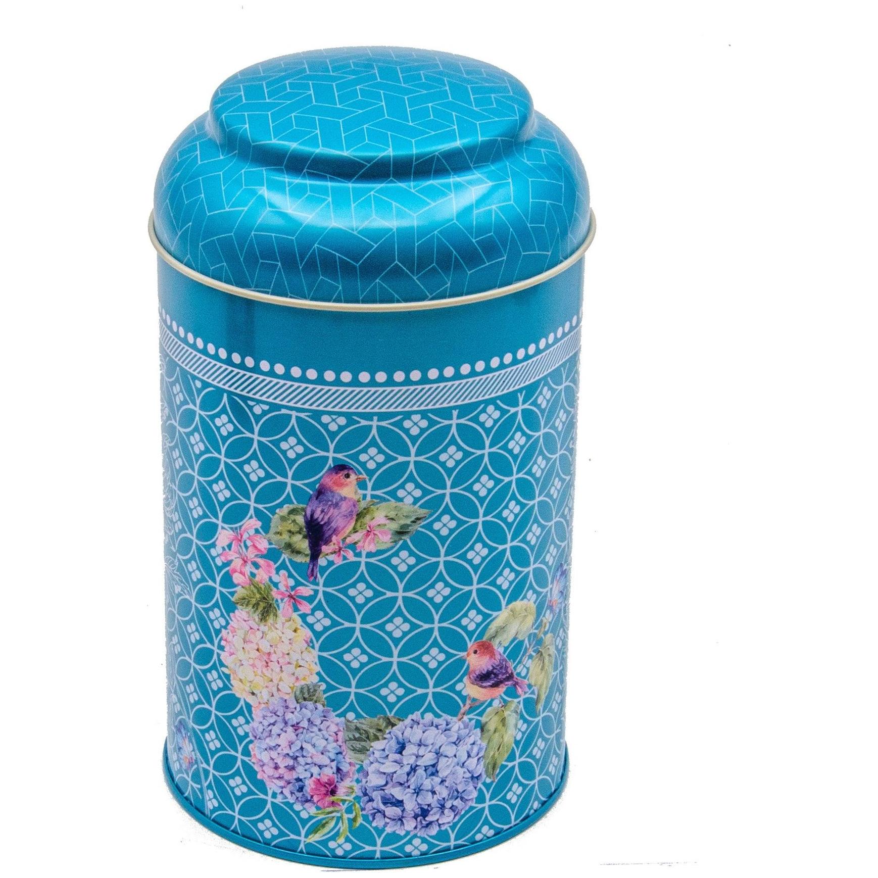 Ø105 x 150 mm Yuvarlak Metal Kutu – 1,2 L, Kubbeli Kapaklı, Geometrik Mavi Zemin Üzerinde Kuşlarla Çiçek Uyumu — Yuvarlak …