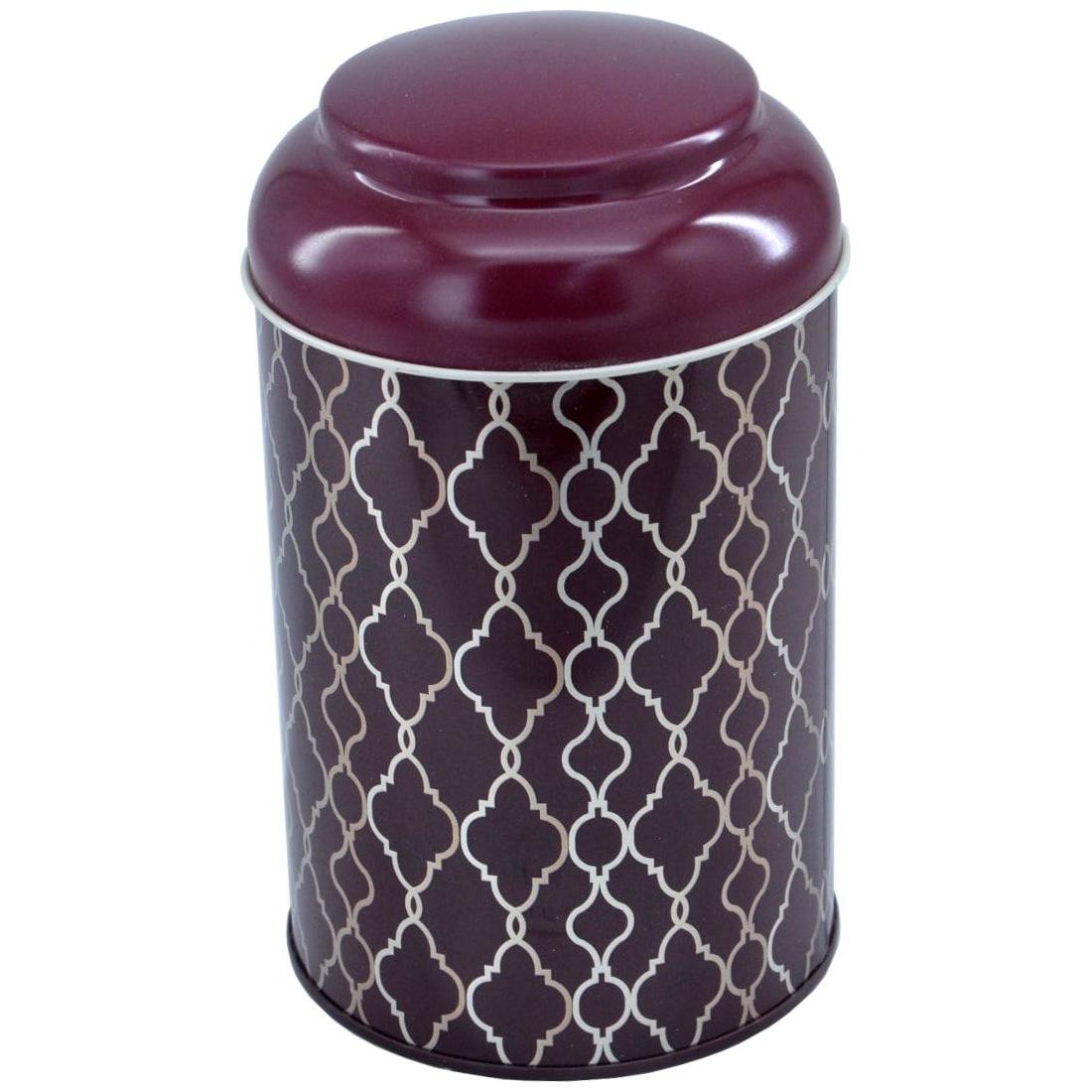 Ø105 x 150 mm Yuvarlak Metal Kutu – 1,2 L, Kubbeli Kapaklı, Altın Geometrik Desenli, Siyah Arka Planlı — Yuvarlak Kutular …