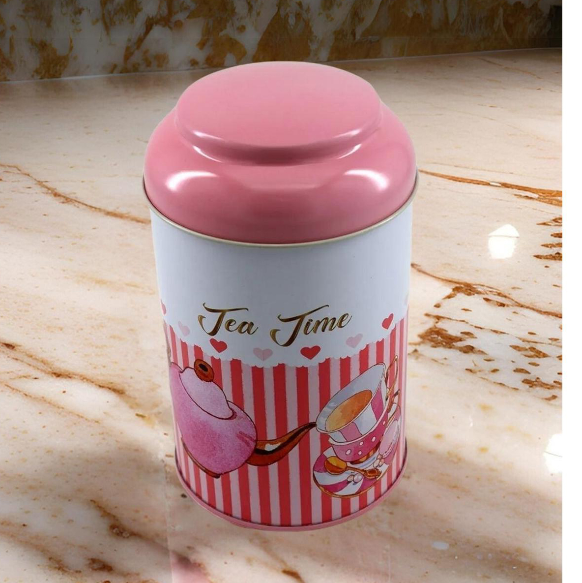 Ø105 x 150 mm Round Metal Tin – 1.2L with Dome Lid Tea Pot and cup pink line background — Round Boxes — view 4 of 4 — Tinbox