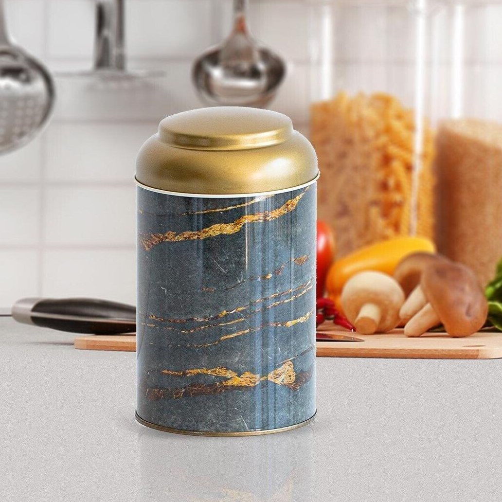 Ø105 x 150 mm Yuvarlak Metal Kutu – 1.2L Kubbeli Kapaklı Kaya ve Altın — Yuvarlak Kutular — görsel 3 / 3 — Tinbox