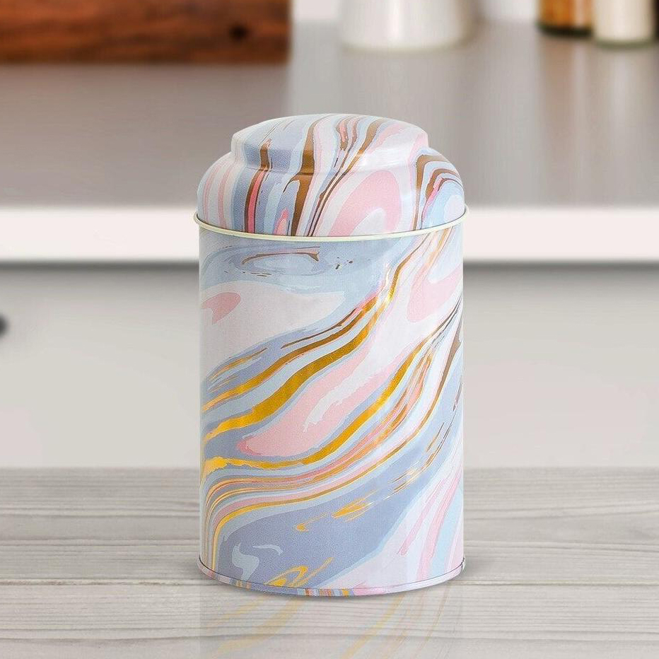 Ø105 x 150 mm Round Metal Tin – 1.2L with Dome Lid Pink and Gold Marble Texture — Round Boxes — view 2 of 2 — Tinbox