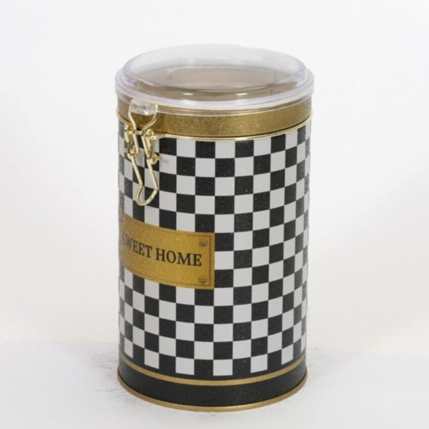Ø105x150 mm Yuvarlak Teneke Kutu 1.1L Tel Tokalı ve Şeffaf Kapaklı Kareli Desenli — Yuvarlak Kutular — görsel 3 / 4 — Tinbox