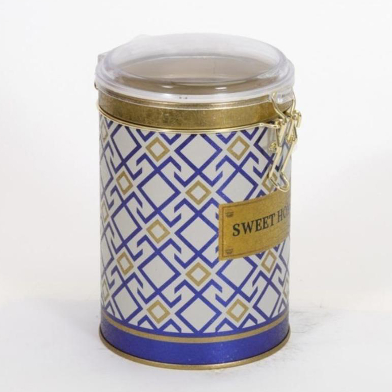 Ø105x150 mm Yuvarlak Teneke Kutu 1.1L Tel Toka ve Şeffaf Kapak Dikişsiz Desen Tasarımı Geometrik Çizgiler Kırmızı Arka Pla…