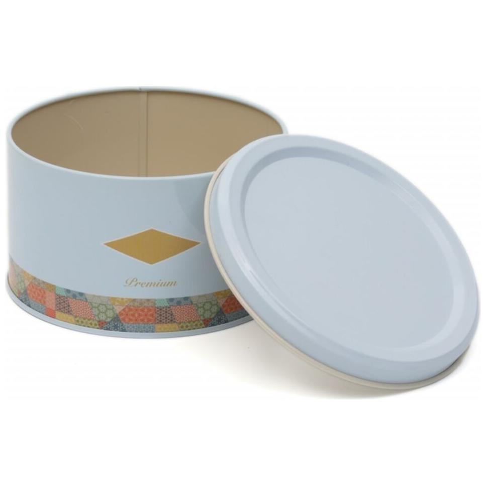 Ø140x80 mm yuvarlak metal saklama kutusu, 1,1 litre, patchwork desenli, mavi arka plan. — Yuvarlak Kutular — görsel 4 / 4 …