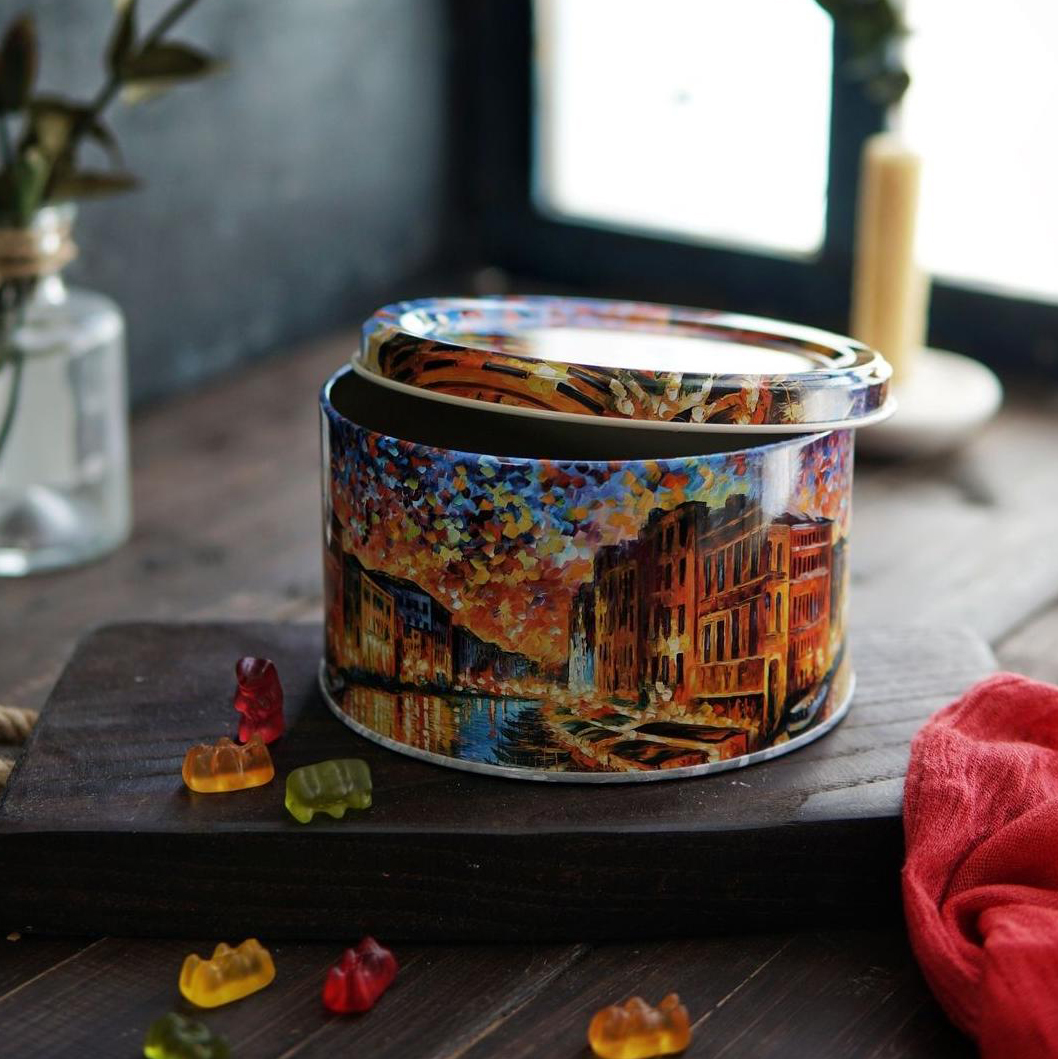 Ø140x80 mm yuvarlak metal saklama kutusu 1.1L Afremov River — Yuvarlak Kutular — görsel 1 / 5 — Tinbox