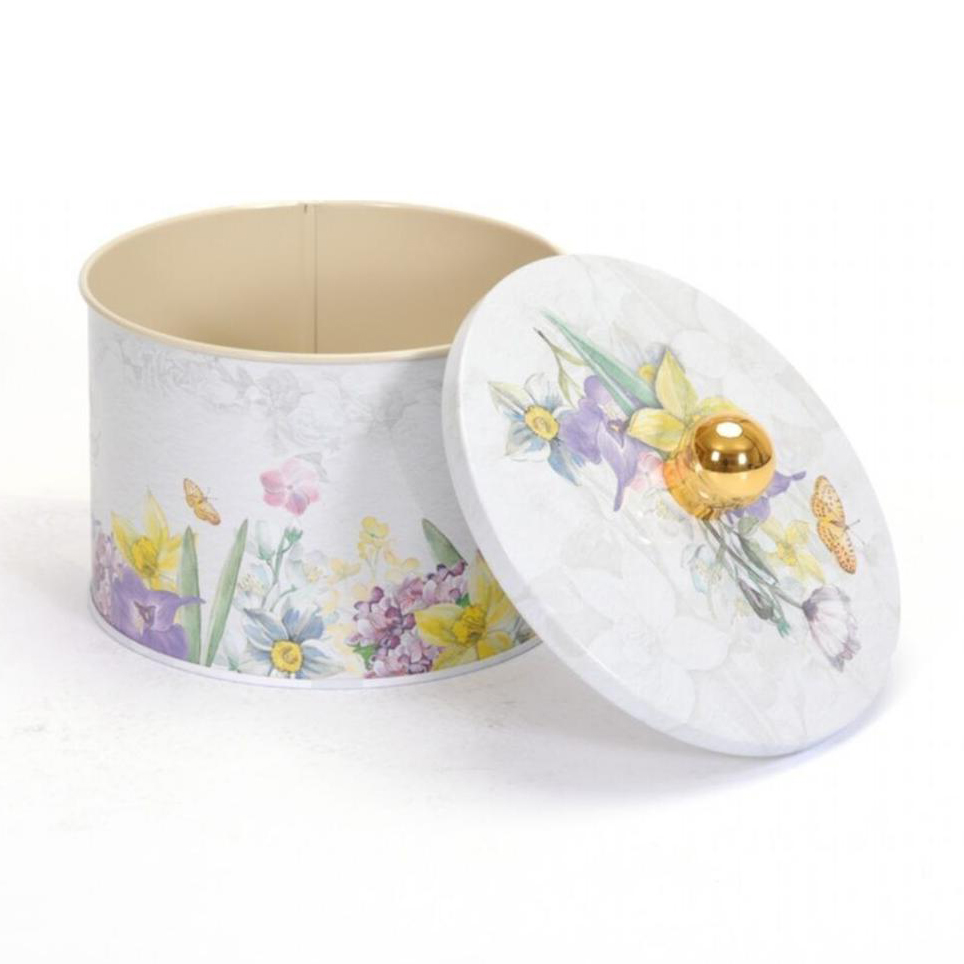 Ø140x100 mm Metal Yuvarlak Saklama Kabı Kulpu 1.3L Çiçek Grisi — Yuvarlak Kutular — görsel 3 / 3 — Tinbox
