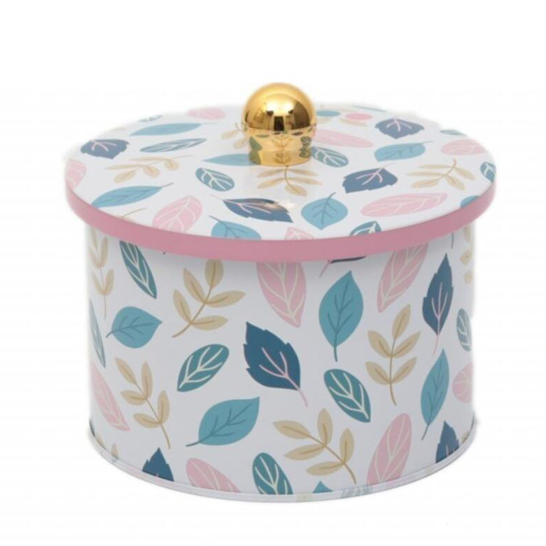 Ø140x100 mm Metal Yuvarlak Saklama Kabı Kulpu 1.3L Yaprak Desenli — Yuvarlak Kutular — görsel 2 / 5 — Tinbox