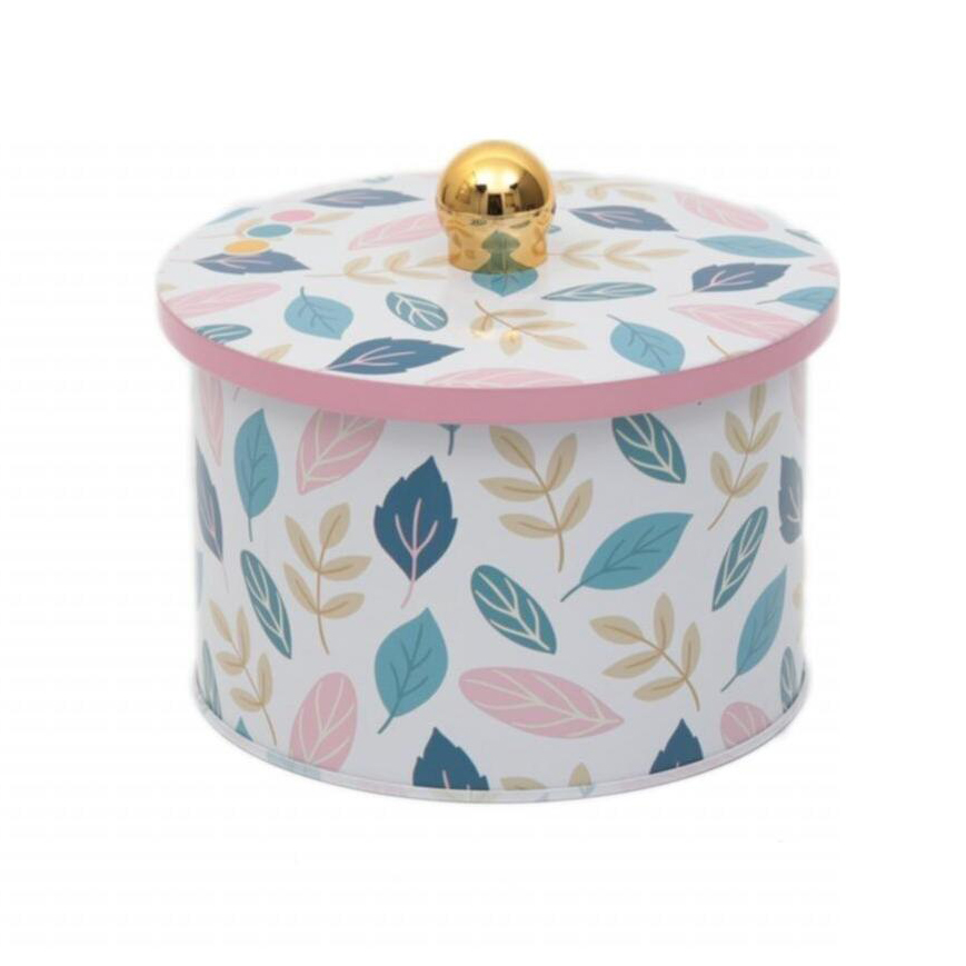 Ø140x100 mm Metal Yuvarlak Saklama Kabı Kulpu 1.3L Yaprak Desenli — Yuvarlak Kutular — görsel 3 / 5 — Tinbox