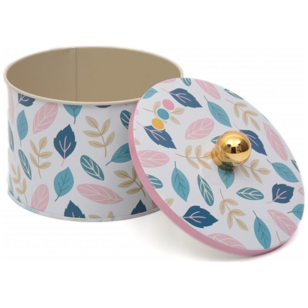 Ø140x100 mm Metal Yuvarlak Saklama Kabı Kulpu 1.3L Yaprak Desenli — Yuvarlak Kutular — görsel 4 / 5 — Tinbox