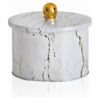 Ø140x100 mm Metal Yuvarlak Saklama Kabı Kulpu 1.3L Mermer Beyaz — Yuvarlak Kutular — görsel 1 / 2 — Tinbox