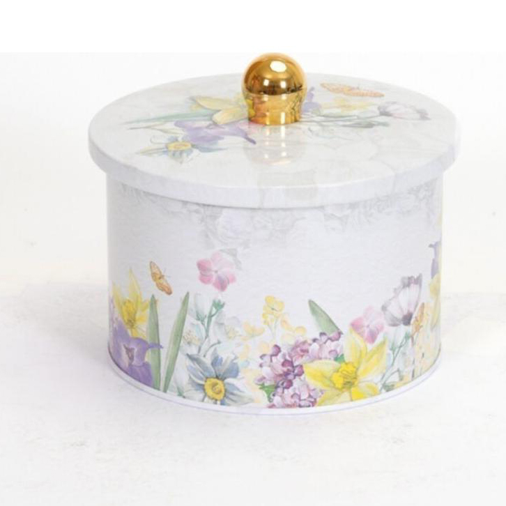 Ø140x100 mm Metal Yuvarlak Saklama Kabı Kulpu 1.3L Çiçek Grisi — Yuvarlak Kutular — Tinbox