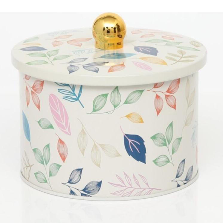 Ø140x100 mm Metal Yuvarlak Saklama Kabı Kulpu 1.3L Yaprak Desenli — Yuvarlak Kutular — Tinbox