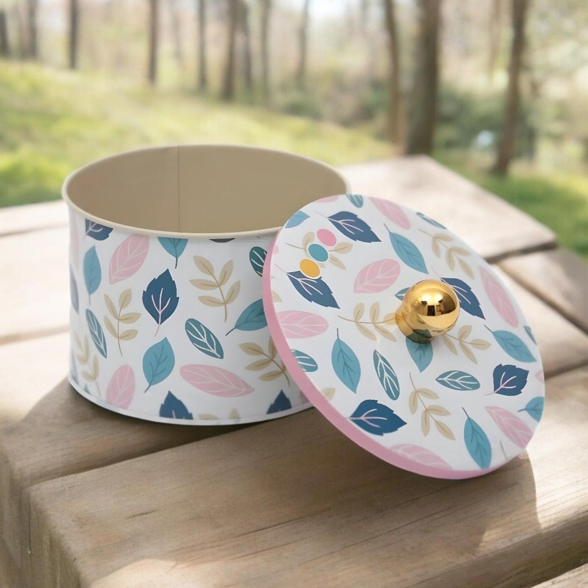 Ø140x100 mm Metal Yuvarlak Saklama Kabı Kulpu 1.3L Yaprak Desenli — Yuvarlak Kutular — görsel 5 / 5 — Tinbox