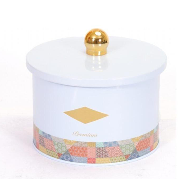 Ø140x100 mm Metal Yuvarlak Saklama Kabı Kulpu 1.3L Patchwork Desenli Mavi Arka Plan — Yuvarlak Kutular — Tinbox