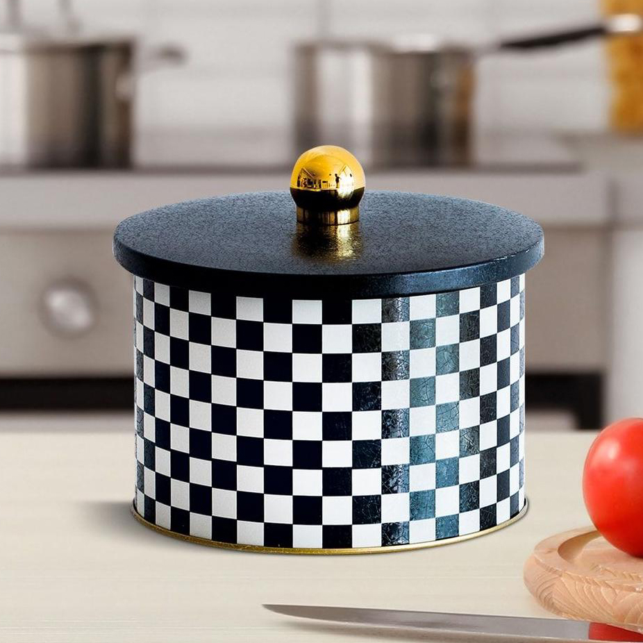 Ø140x100 mm Metal Yuvarlak Saklama Kabı Kulpu 1.3L Kareli Desenli — Yuvarlak Kutular — görsel 2 / 2 — Tinbox