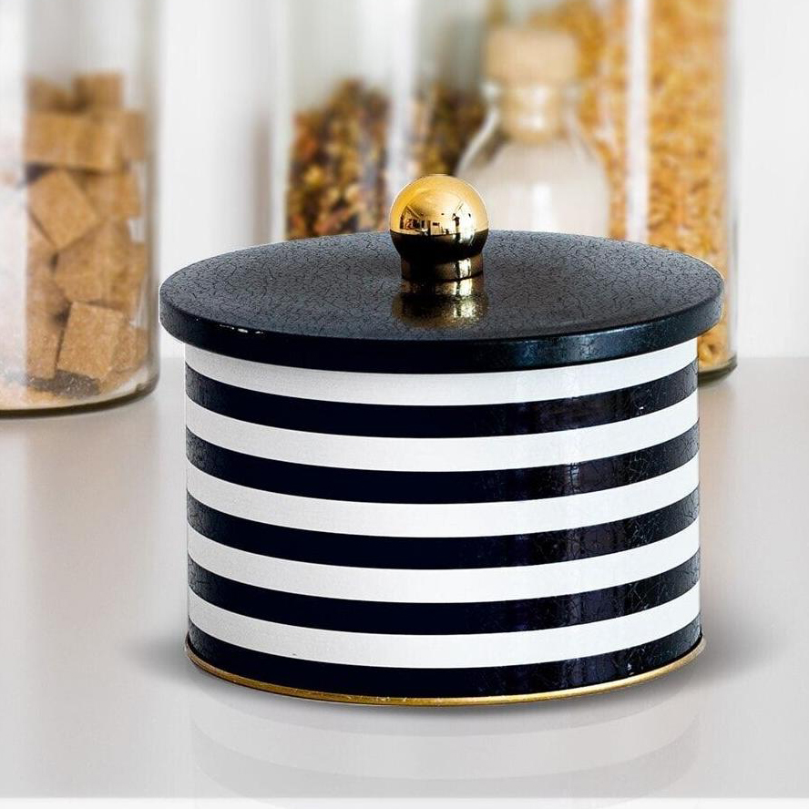 Ø140x100 mm Metal Yuvarlak Saklama Kabı Kulpu 1.3L Siyah Beyaz Çizgili Desen — Yuvarlak Kutular — görsel 2 / 2 — Tinbox