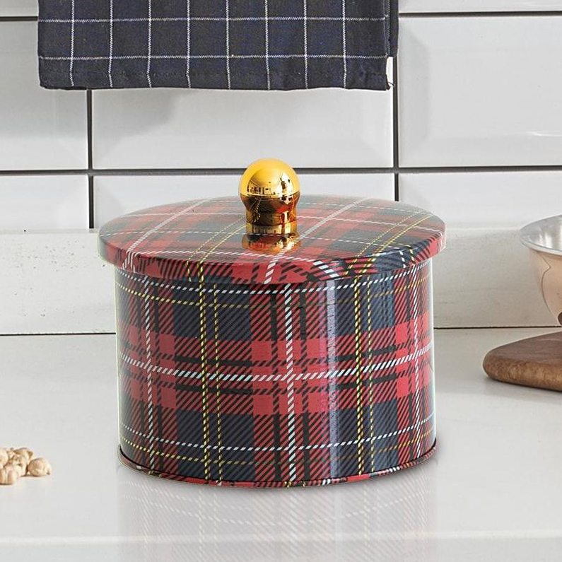 Ø140x100 mm Metal Yuvarlak Saklama Kabı Kulpu 1.3L Ekose (Ekose) — Yuvarlak Kutular — görsel 2 / 2 — Tinbox