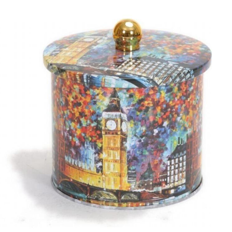 Ø140x125 mm Metal Yuvarlak Bidon 1.7L Düğmeli Saplı Afremov Big Ban — Yuvarlak Kutular — Tinbox