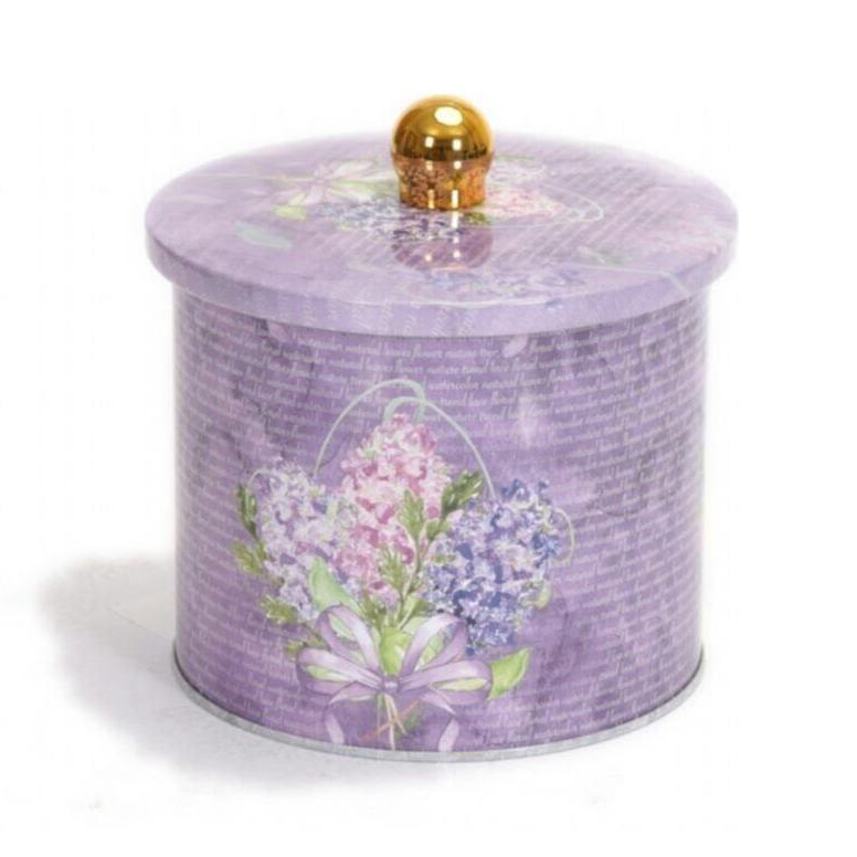 Ø140x125 mm Metal Yuvarlak Saklama Kabı 1.7L Çiçek Desenli Mor, Kulplu — Yuvarlak Kutular — Tinbox