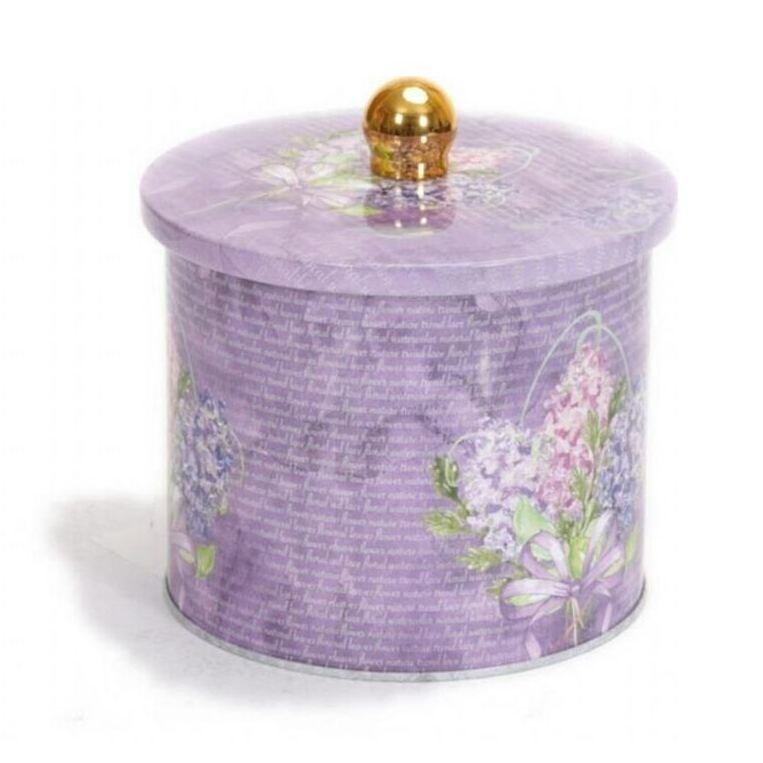 Ø140x125 mm Metal Yuvarlak Saklama Kabı 1.7L Çiçek Desenli Mor, Kulplu — Yuvarlak Kutular — görsel 2 / 5 — Tinbox