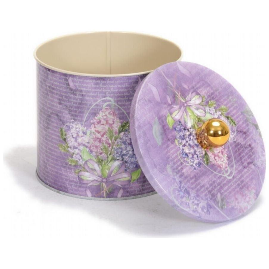 Ø140x125 mm Metal Yuvarlak Saklama Kabı 1.7L Çiçek Desenli Mor, Kulplu — Yuvarlak Kutular — görsel 4 / 5 — Tinbox