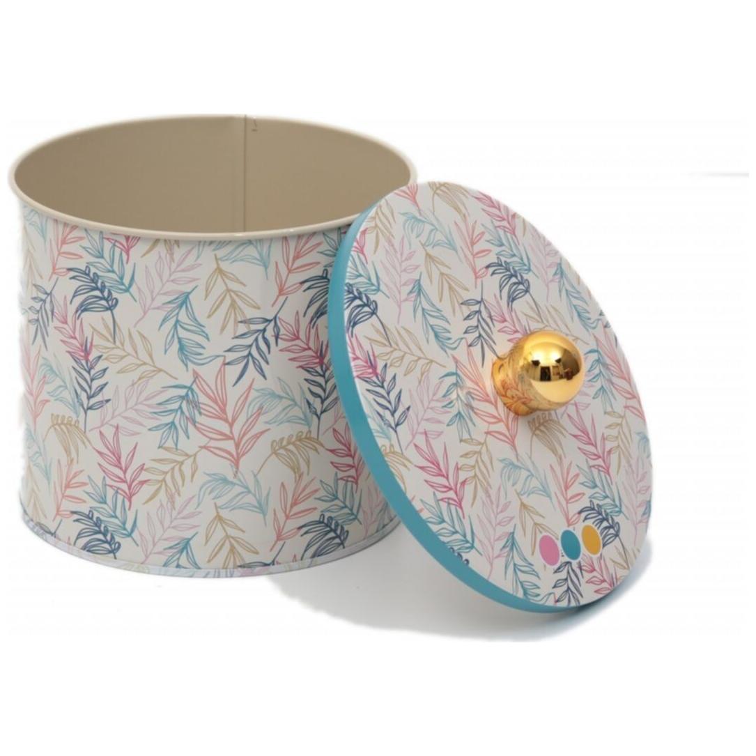 Ø140x125 mm Metal Yuvarlak Saklama Kabı 1.7L Topuzlu Saplı Yaprak Desenli — Yuvarlak Kutular — görsel 4 / 5 — Tinbox