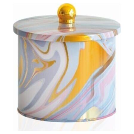 Ø140x125 mm Metal Round Canister 1.7L Knob Handle Pink and Gold Marble Texture — Round Boxes — Tinbox
