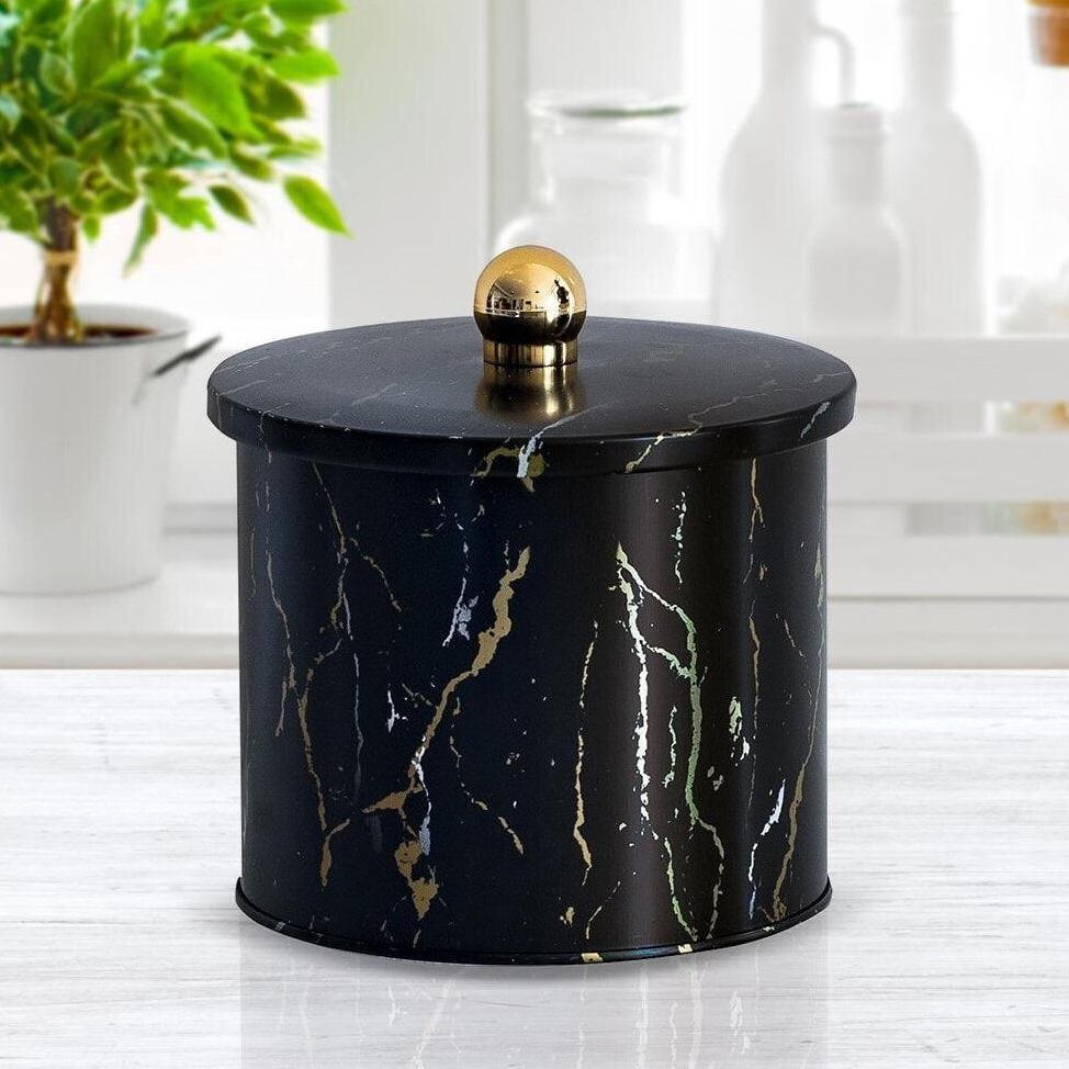 Ø140x125 mm Metal Yuvarlak Saklama Kabı 1.7L Kulplu Mermer Siyah — Yuvarlak Kutular — Tinbox