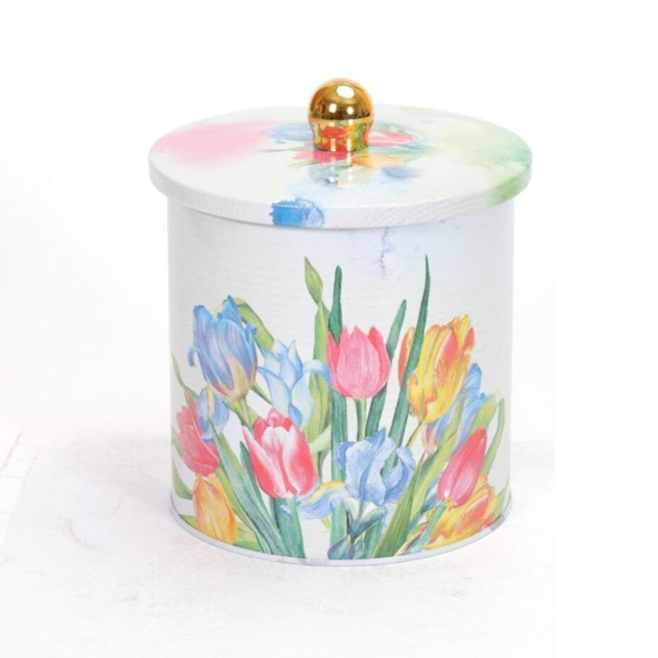 Ø140x150 mm Metal Yuvarlak Saklama Kabı 2.1L Topuzlu Kulplu Çiçek Lale Desenli — Yuvarlak Kutular — Tinbox