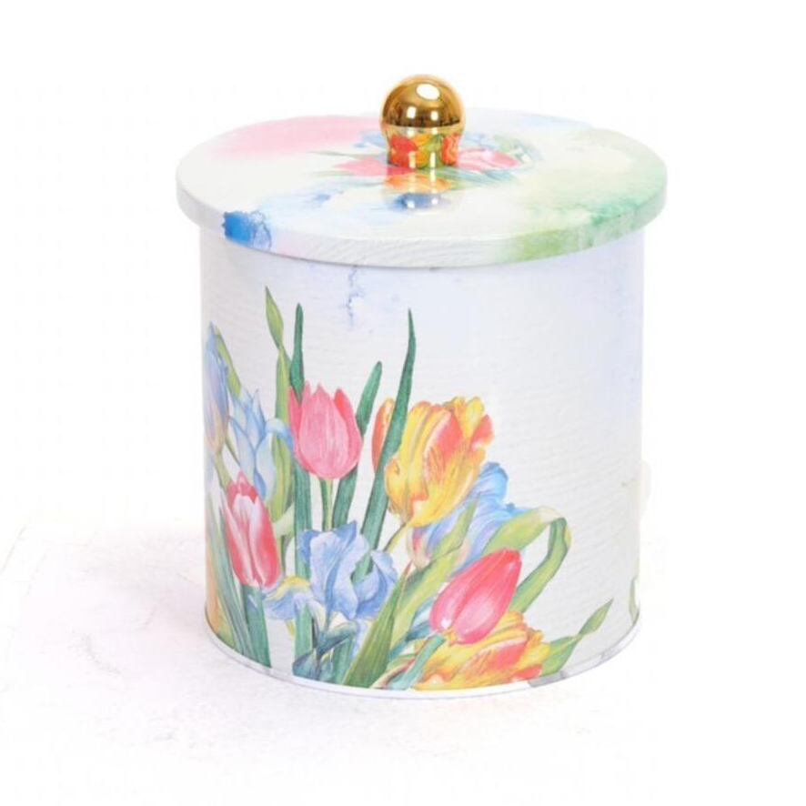 Ø140x150 mm Metal Yuvarlak Saklama Kabı 2.1L Topuzlu Kulplu Çiçek Lale Desenli — Yuvarlak Kutular — görsel 3 / 5 — Tinbox