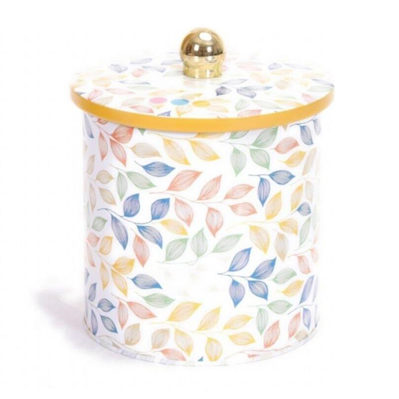 Ø140x150 mm Metal Yuvarlak Saklama Kabı 2.1L Topuzlu Saplı Yaprak Desenli — Yuvarlak Kutular — Tinbox
