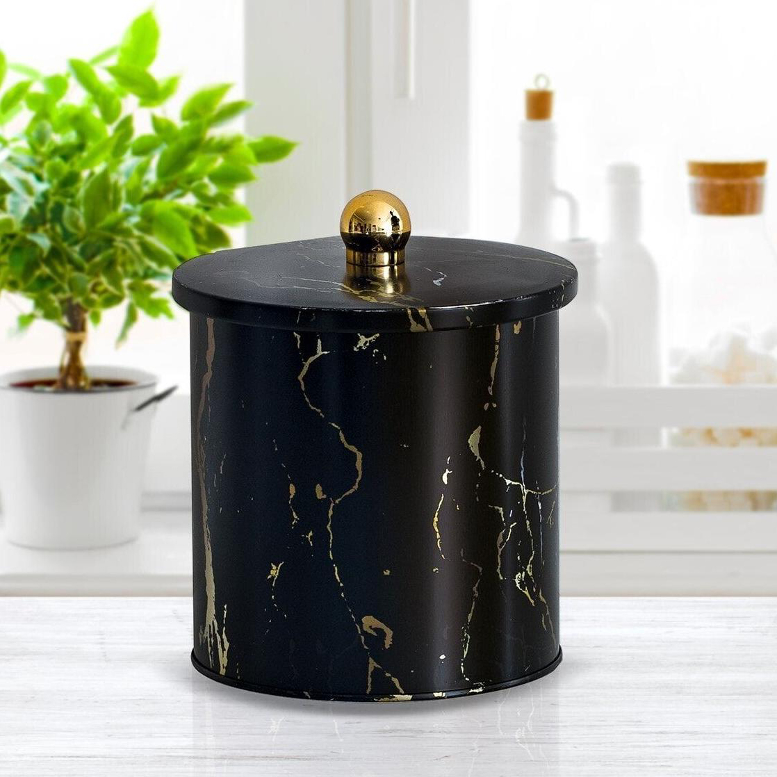 Ø140x150 mm Metal Round Canister 2.1L Knob Handle Marble Black — Round Boxes — Tinbox