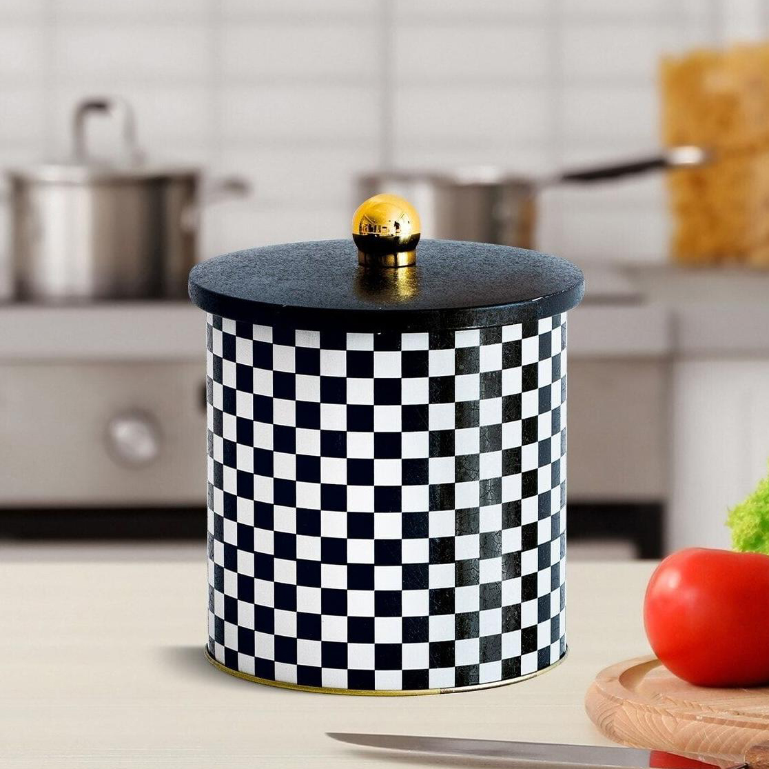 Ø140x150 mm Metal Round Canister 2.1L Knob Handle Checkerboard — Round Boxes — view 2 of 2 — Tinbox
