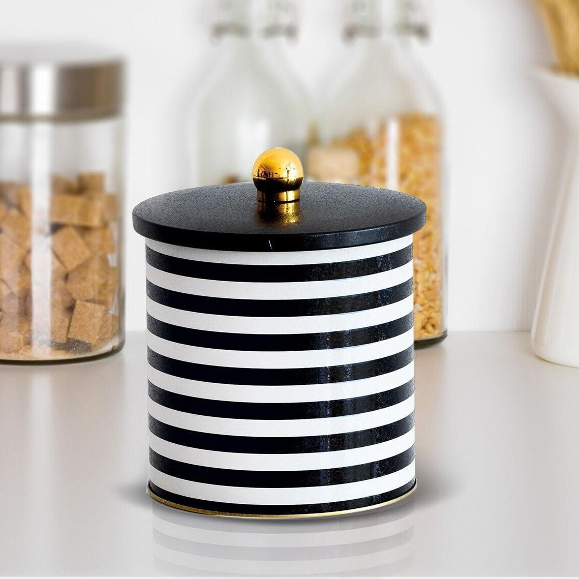 Ø140x150 mm Metal Round Canister 2.1L Knob Handle Black and White Line Pattern — Round Boxes — view 2 of 2 — Tinbox