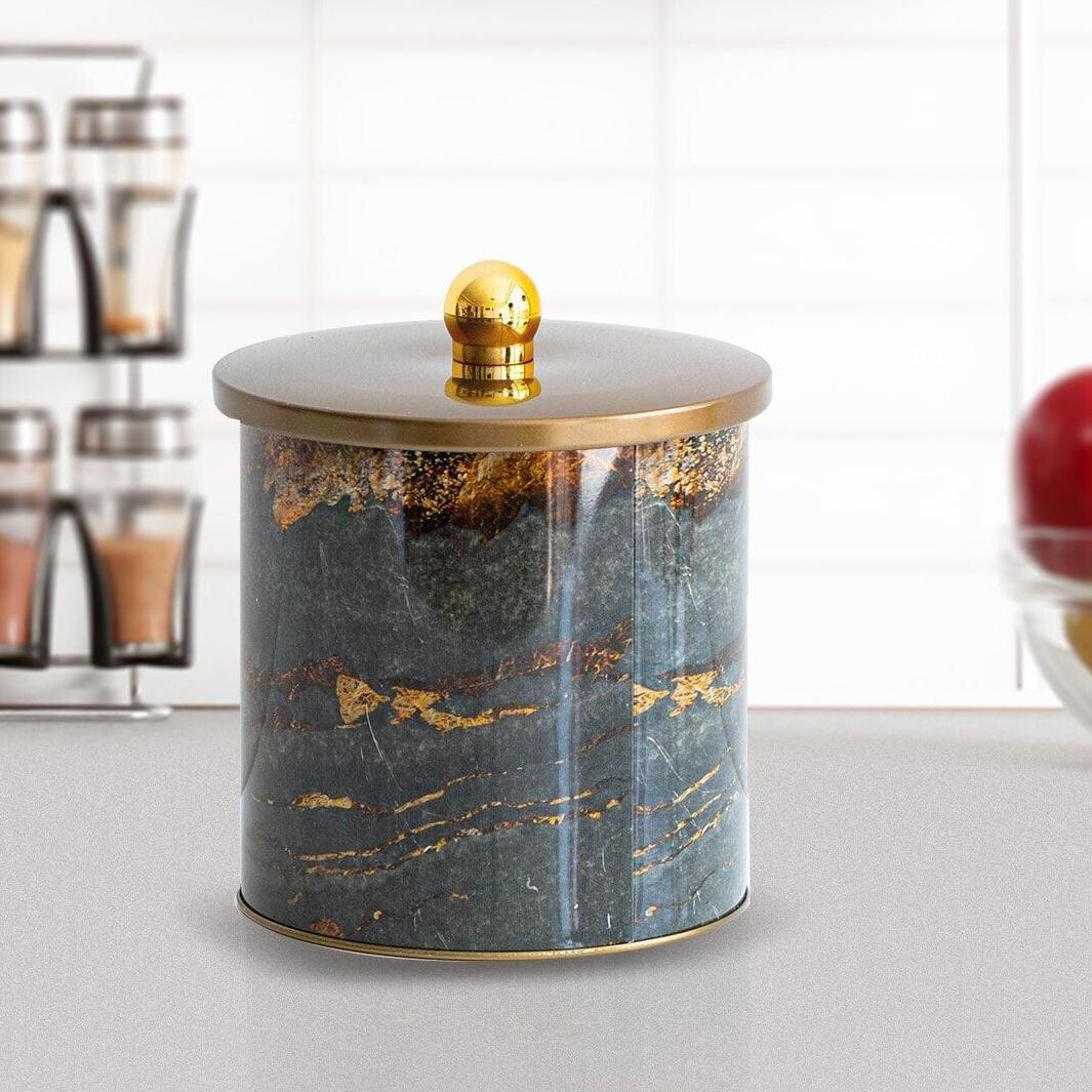 Ø140x150 mm Metal Round Canister 2.1L Knob Handle Rock and Gold — Round Boxes — Tinbox