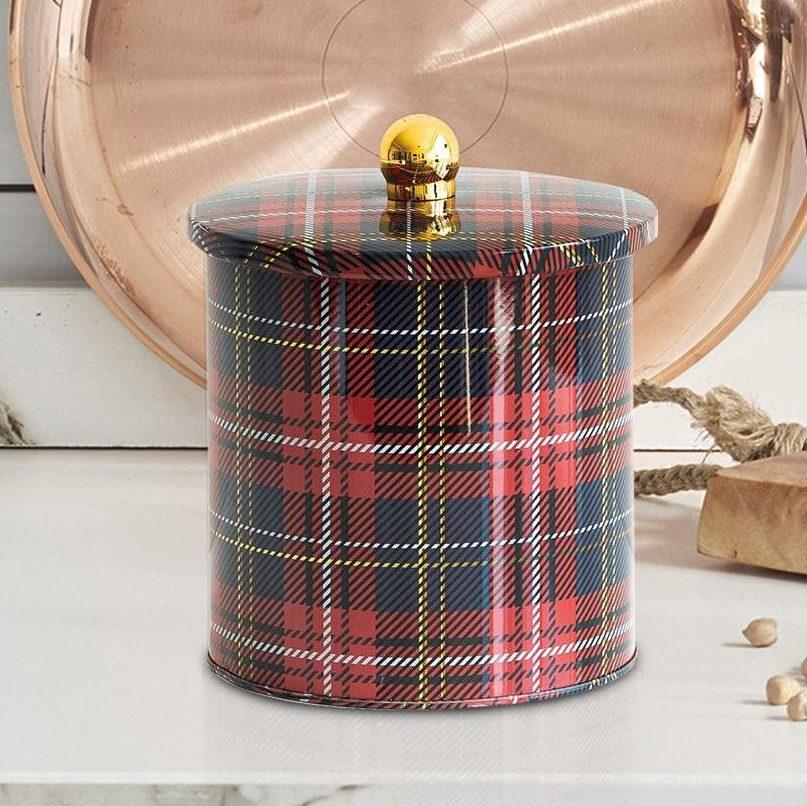 Ø140x150 mm Metal Yuvarlak Kutu 2.1L Topuzlu Saplı Ekose (Ekose) — Yuvarlak Kutular — görsel 2 / 2 — Tinbox