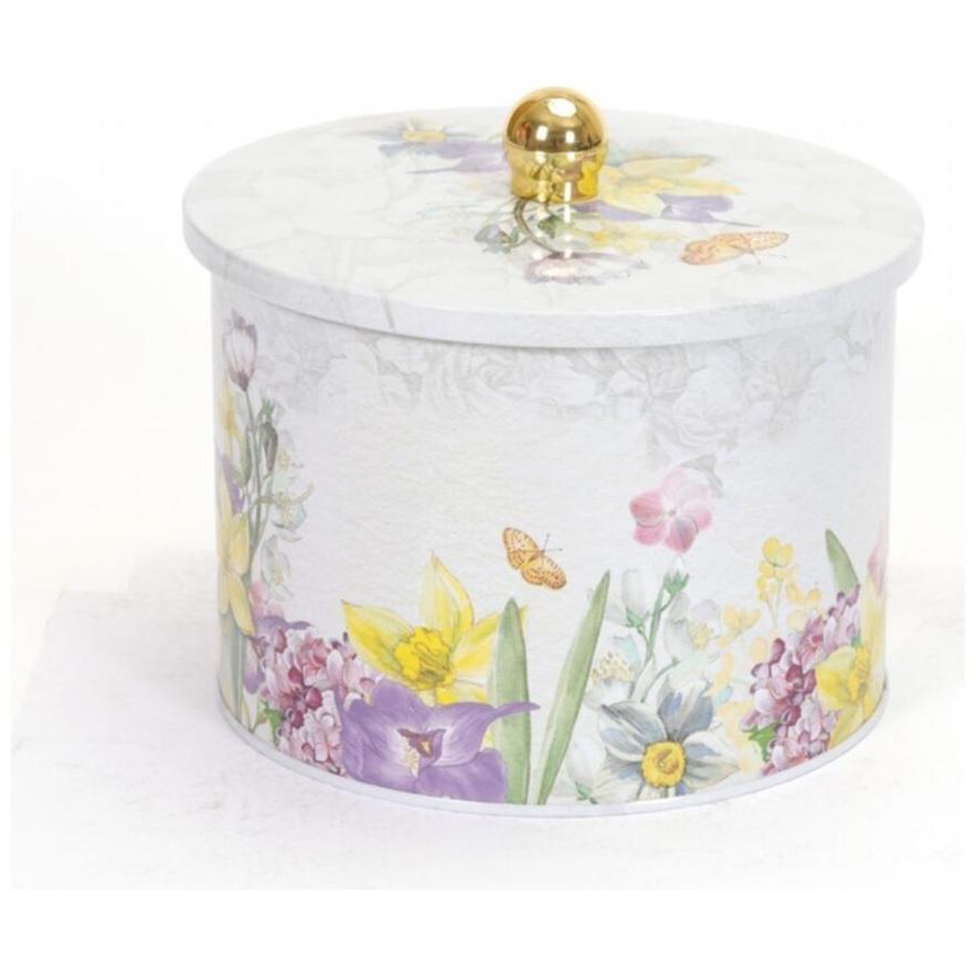 Ø175x130 mm Metal Yuvarlak Saklama Kabı 2.9L Çiçek Desenli Gri, Kulplu — Yuvarlak Kutular — görsel 2 / 4 — Tinbox