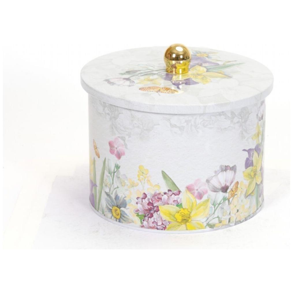 Ø175x130 mm Metal Yuvarlak Saklama Kabı 2.9L Çiçek Desenli Gri, Kulplu — Yuvarlak Kutular — görsel 3 / 4 — Tinbox